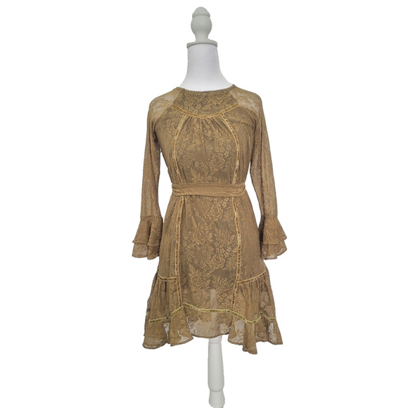 Mia Joy Girl's Lace Velvet Trim Flared Sleeve Dress Size 12 Gold Brown Boho Chic - Picture 1 of 7